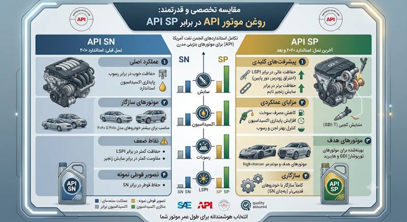 اینفوگرافی تفاوت روغن موتور SN و SP