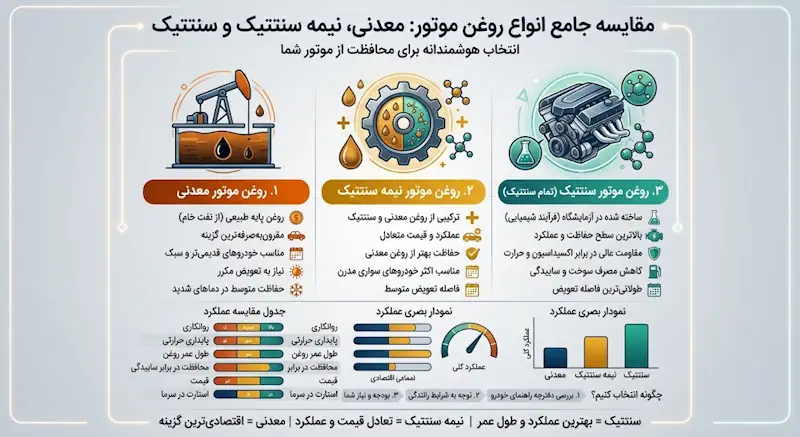 اینفوگرافی مقایسه روغن موتور معدنی، نیمه سنتتیک و سنتتیک